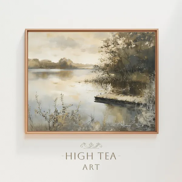 Muted Lakeside Jetty Vintage Lake Landscape Art Print