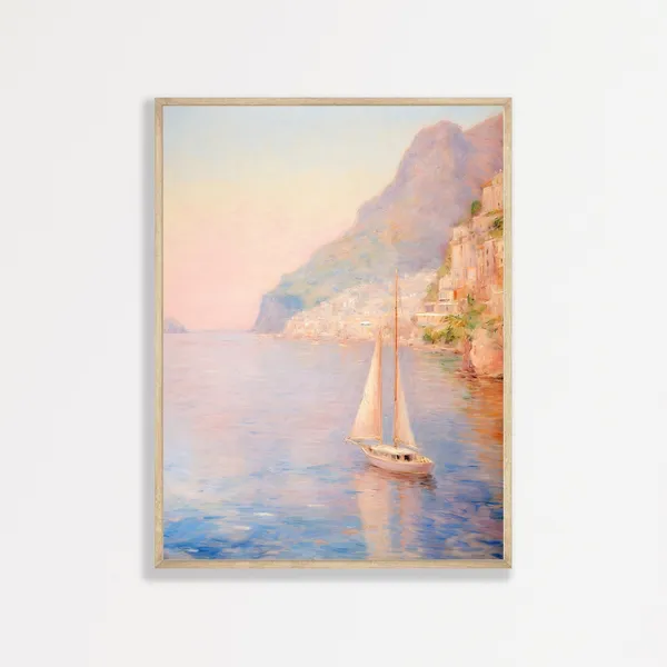 Sailboat Painting, Retro Italian Coastal Art Print