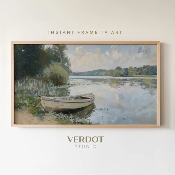 Summer Lake Vintage Boat Scenery Art Print