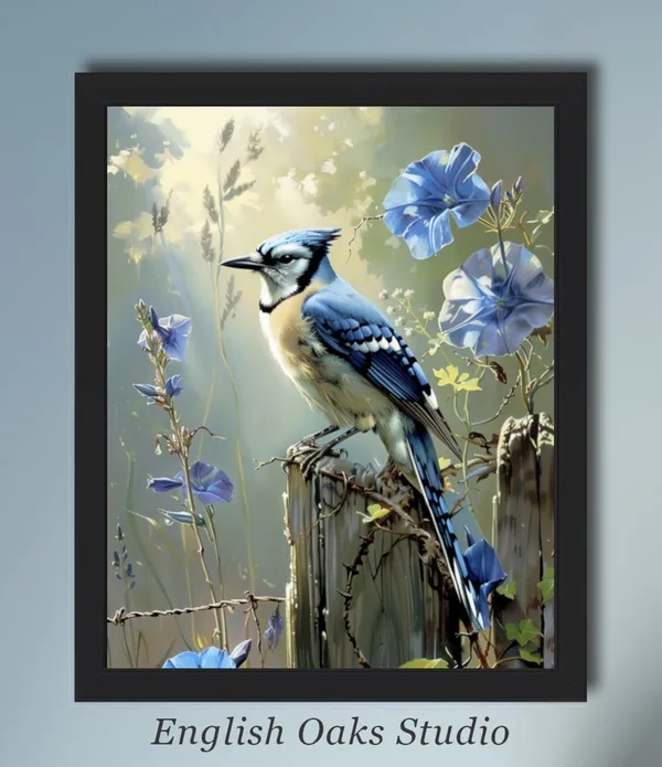 Blue Jay Bird on Fence Post, Vintage Farmhouse Art Print