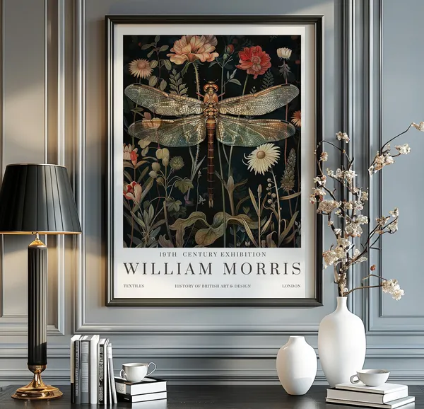 William Morris Exhibition Poster, Vintage Textile Dragonfly