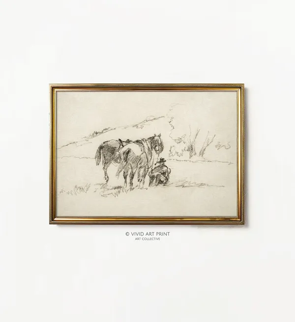 Vintage Western Cowboy Pencil Sketch Art Print