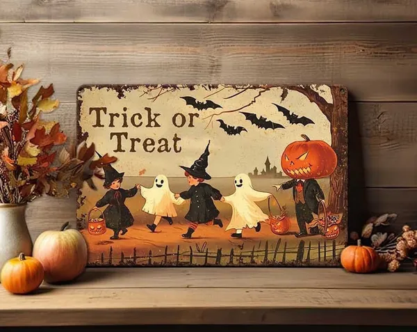 Rustic Halloween Metal Sign, Antique Distressed Decor