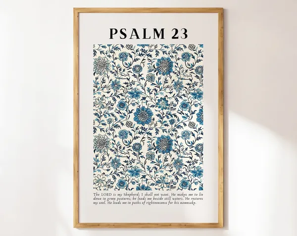 Psalm 23 Blue Vintage Christian Floral Art Print