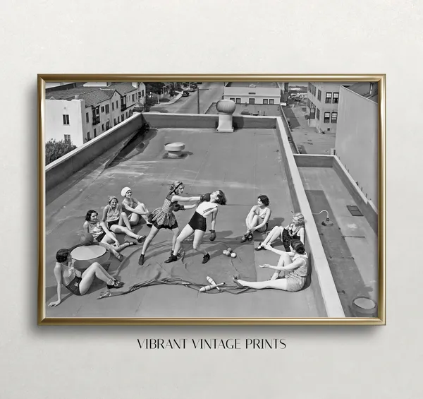 Women Boxing on Roof, Vintage Black and White Art Print