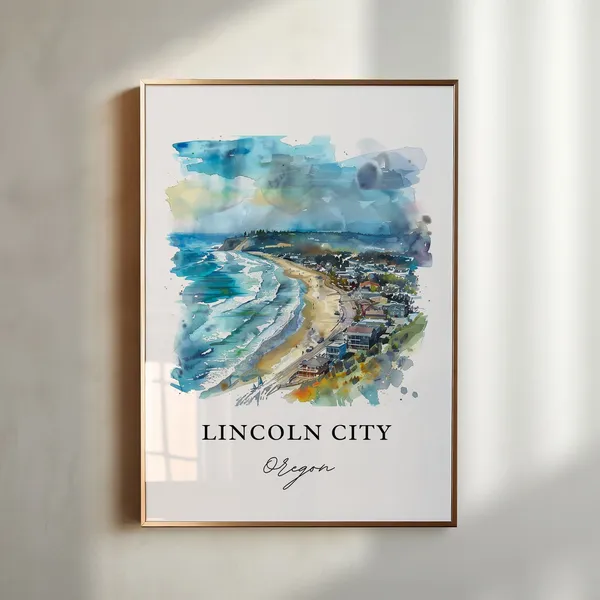 Lincoln City Watercolor Travel Poster, Oregon Print