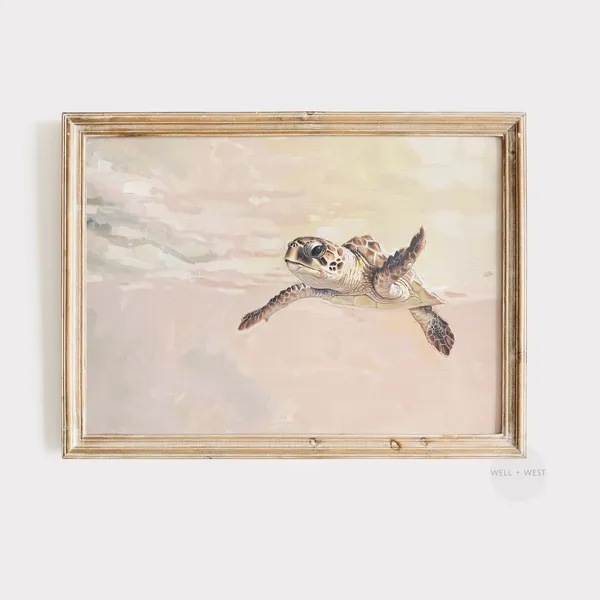 Sea Turtle Oil Painting Pastel Pink Coastal Art Print