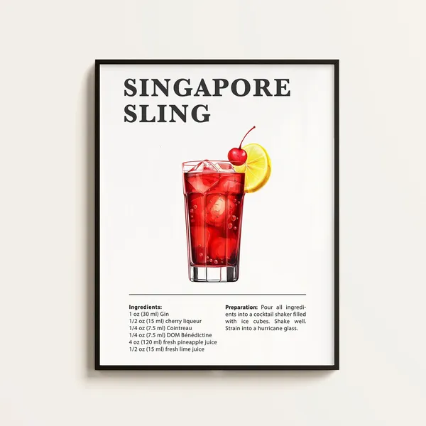 Singapore Sling Recipe Cocktail Art Print, Bar Decor