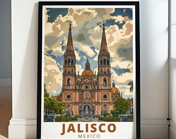 Jalisco Mexico Travel Poster, Guadalajara Cathedral
