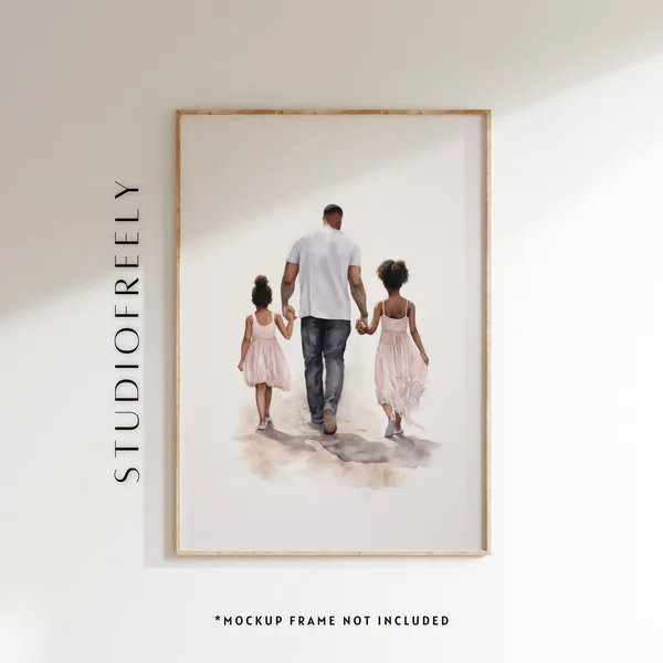 Father and Daughters Watercolor Print, Family Art