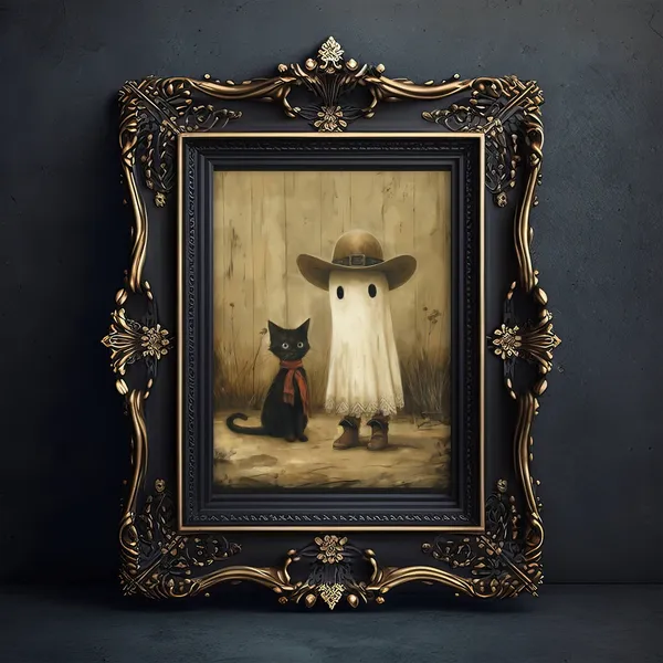 Cowboy Ghost And Black Cat Halloween Art Print