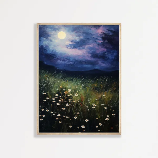Moonlit Wildflowers Vintage Night Landscape Art Print