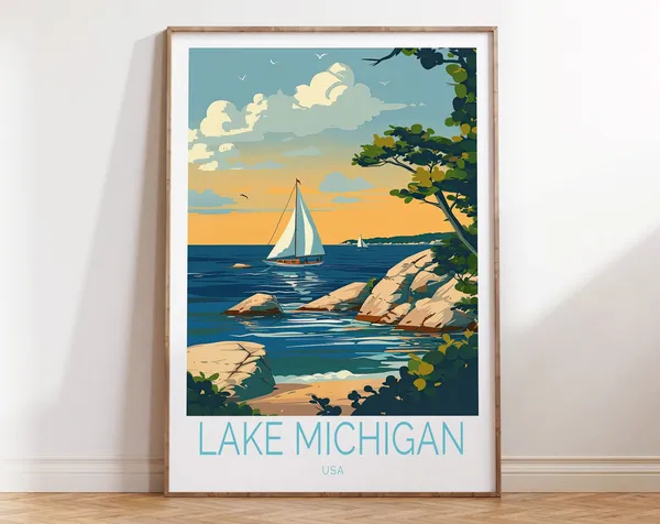 Lake Michigan Travel Poster, USA Sunset Wall Art