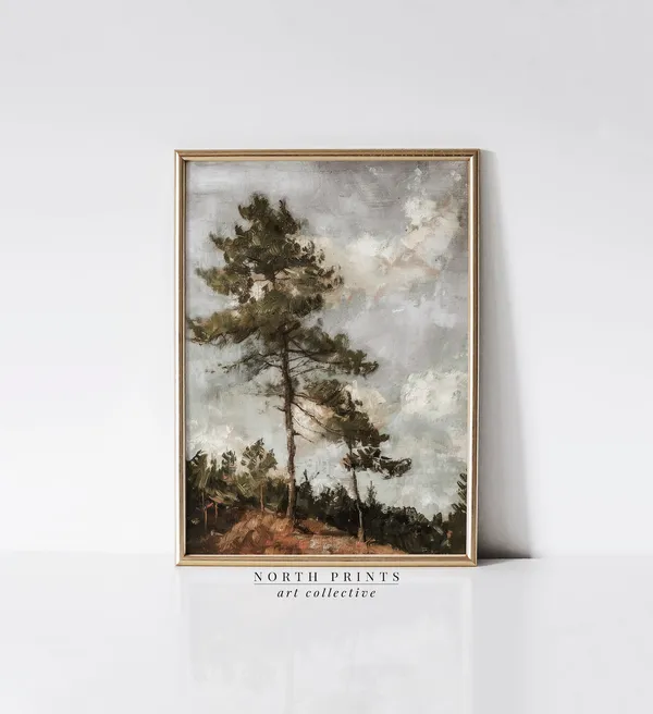 Rustic Pine Tree Landscape Art Print, Moody Autumn