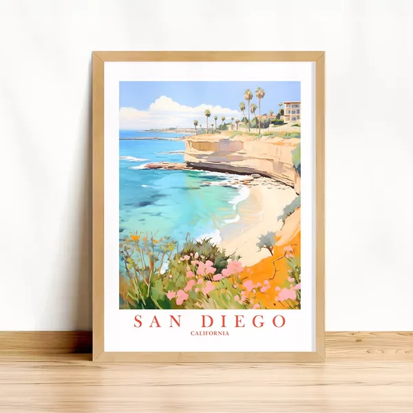 San Diego Travel Poster, La Jolla Retro Watercolor