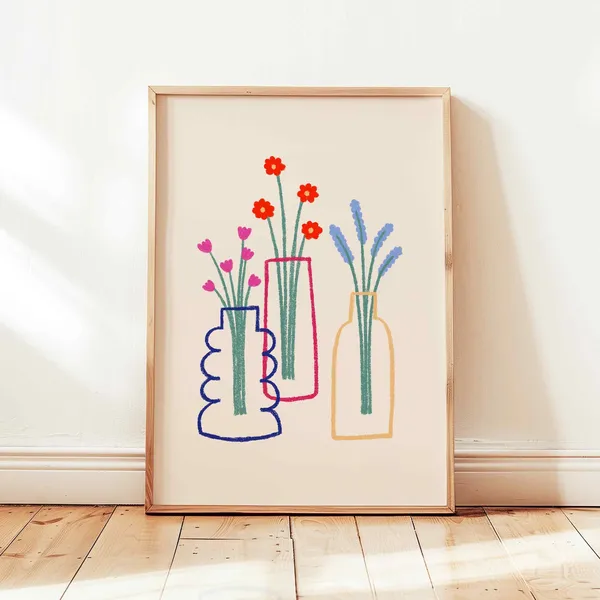 Retro Pastel Flower Vase Abstract Floral Art Print