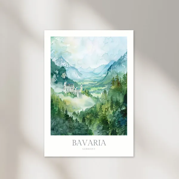 Bavaria Germany Watercolor Travel Poster, Neuschwanstein