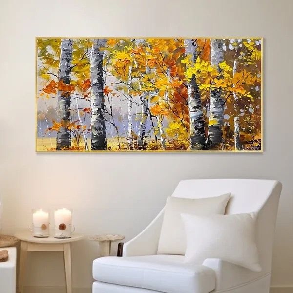 Birch Forest Autumn Oil Painting Art Print, Woods Landscape