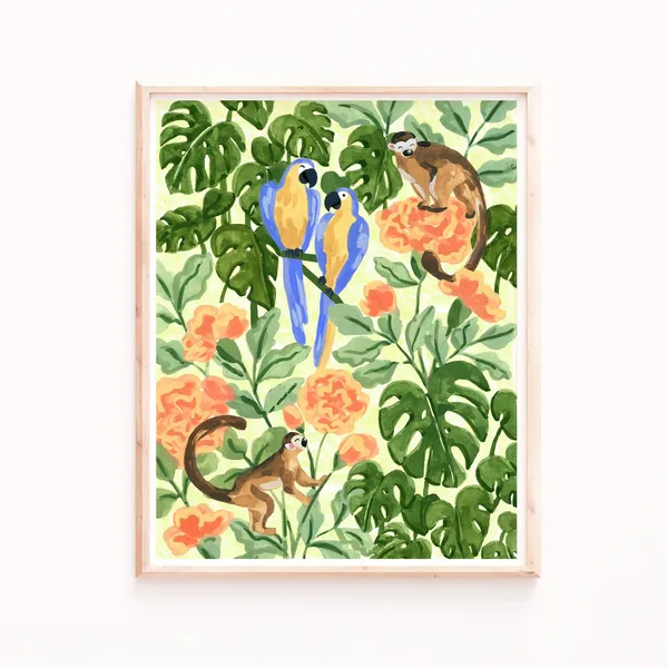 Tropical Monkeys And Parrots Jungle Art Print