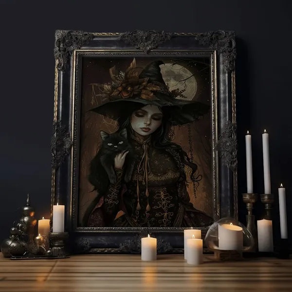 The Witch And Black Cat, Spooky Victorian Art Print