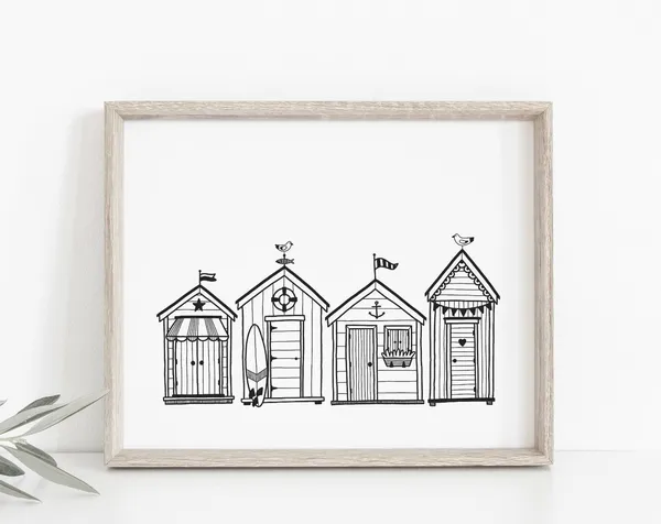 Beach Huts Black And White Line Art Poster