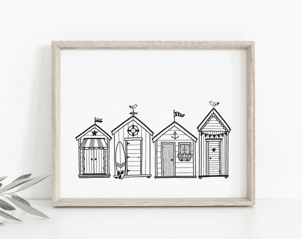 Beach Huts Black And White Line Art, Coastal Decor