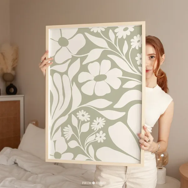 Abstract Botanical Sage Green Art Print, Boho Floral Decor