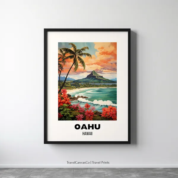 Oahu Hawaii Travel Poster, Tropical Wall Art
