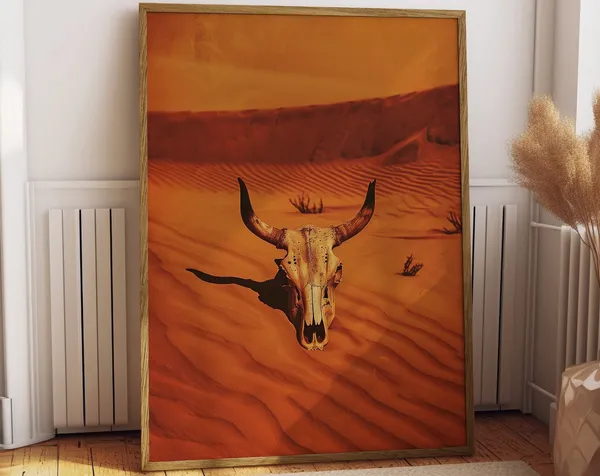 Cow Skull Western Art Print, Retro Sonoran Desert