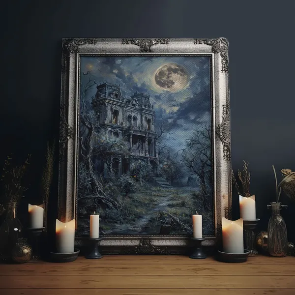 Haunted Victorian Mansion Halloween Art Print, Gothic Decor