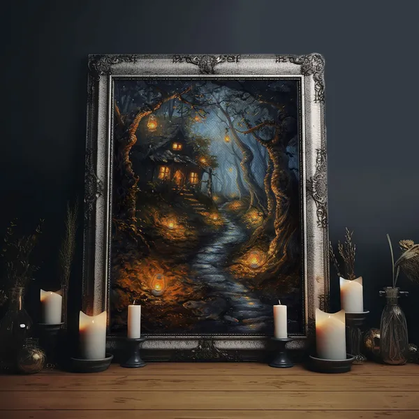 Spooky Cottage in Forest Halloween Seasonal Art Print