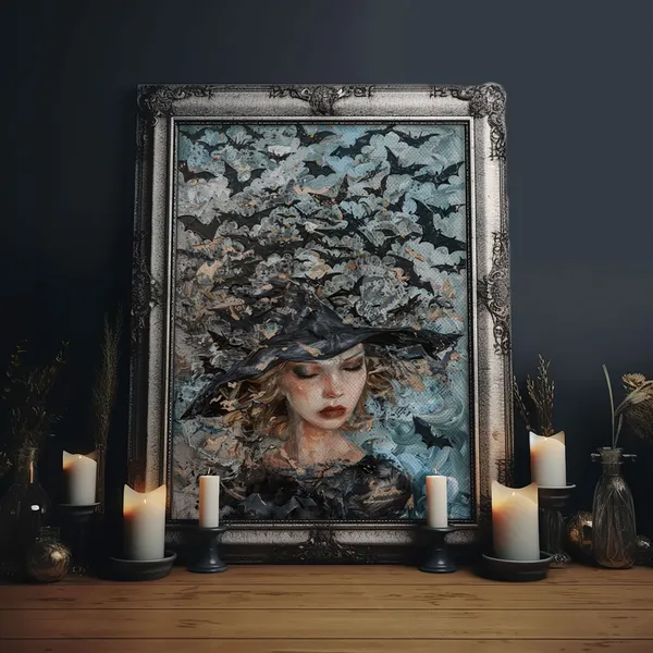 Witch In Bat Swarm Spooky Halloween Art Print