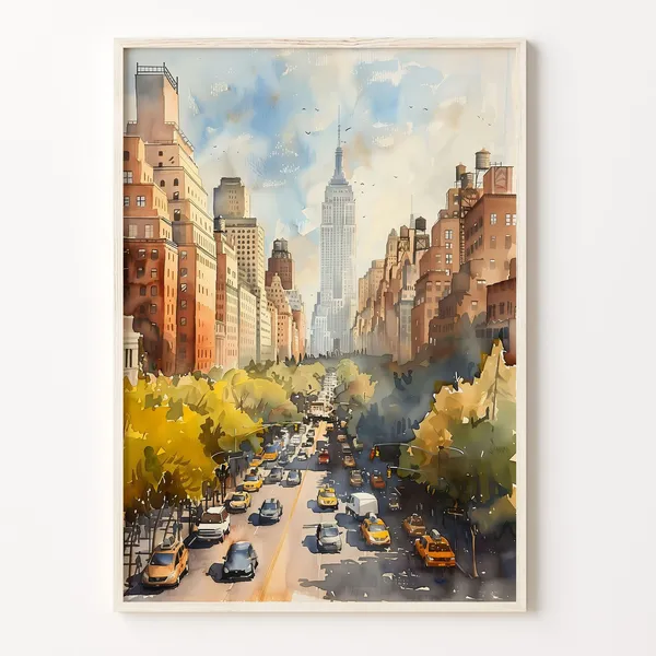 New York Watercolor Travel Poster, Retro United States