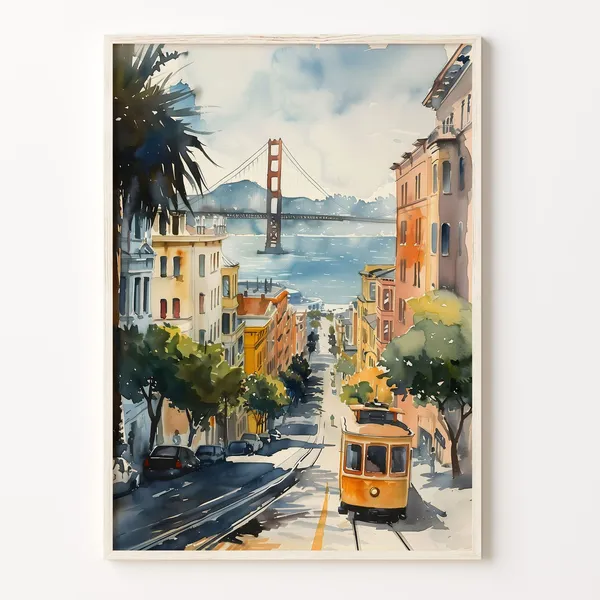 San Francisco Watercolor Painting, Retro Travel Poster