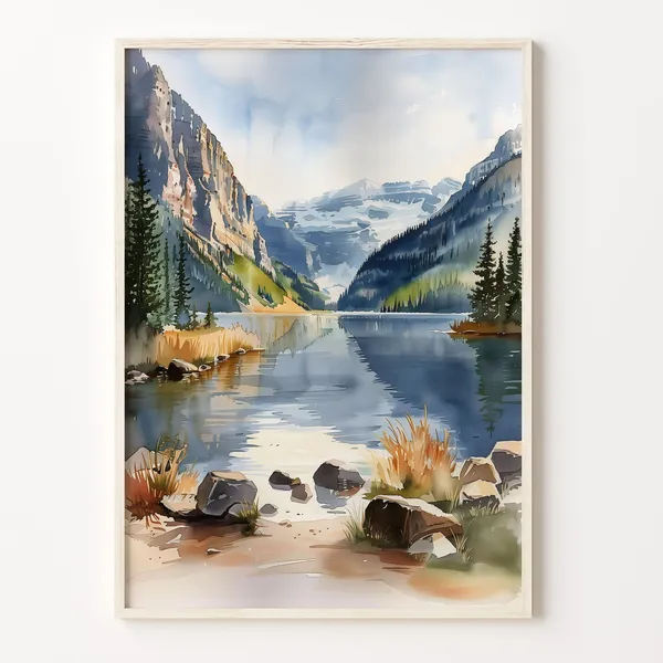 Lake Louise Watercolor Travel Poster, Minimalist Art