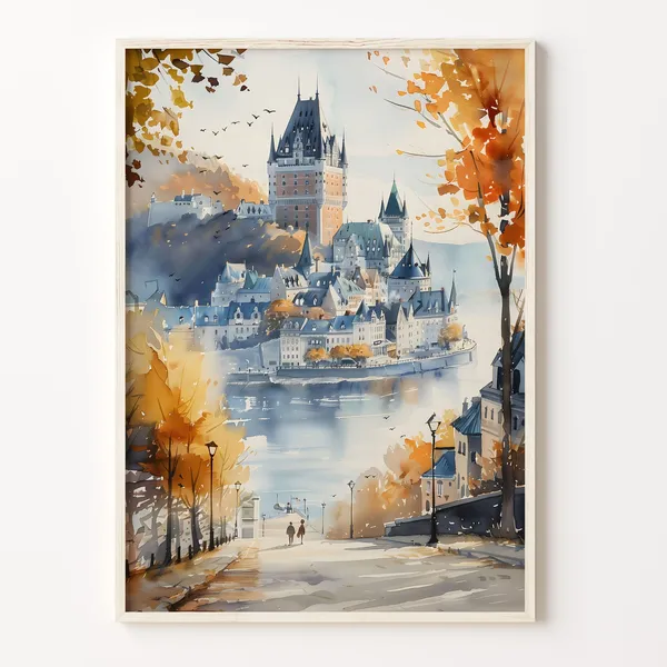 Quebec Watercolor Painting, Canada Travel Poster