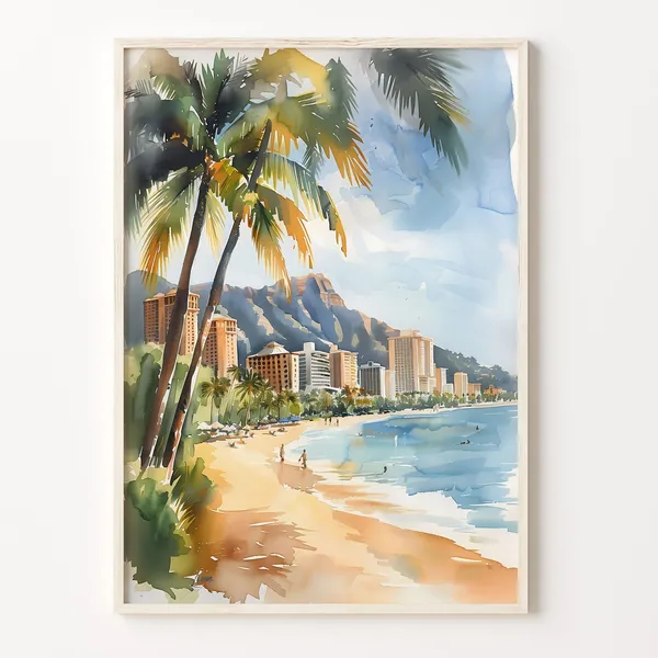 Hawaii Watercolor Painting Honolulu Travel Poster
