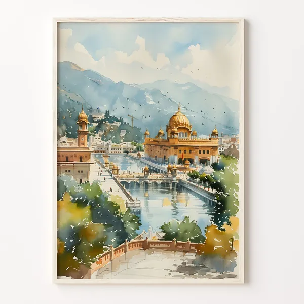 Amritsar Watercolor Travel Poster, Golden Temple