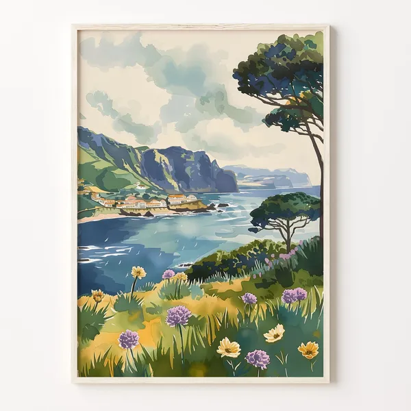 Azores Watercolor Painting Travel Poster, Portugal