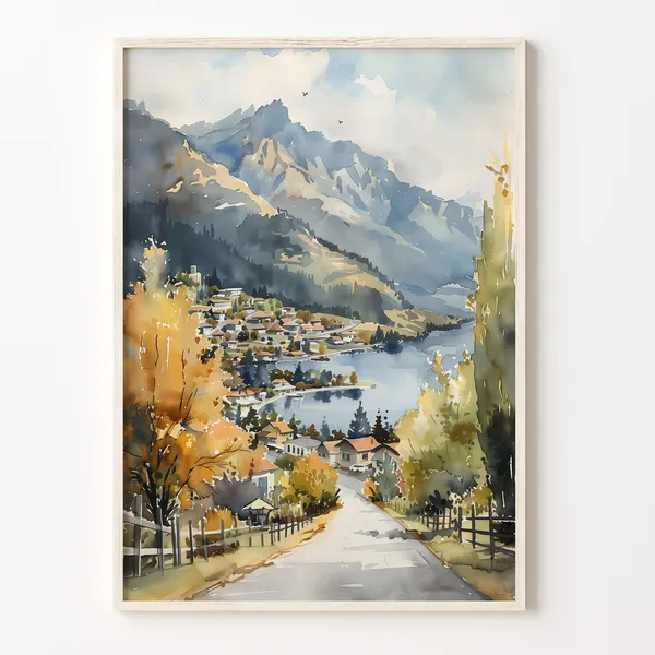 Queenstown Watercolor Painting New Zealand Poster