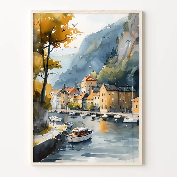 Bergen Watercolor Painting Norway Travel Poster