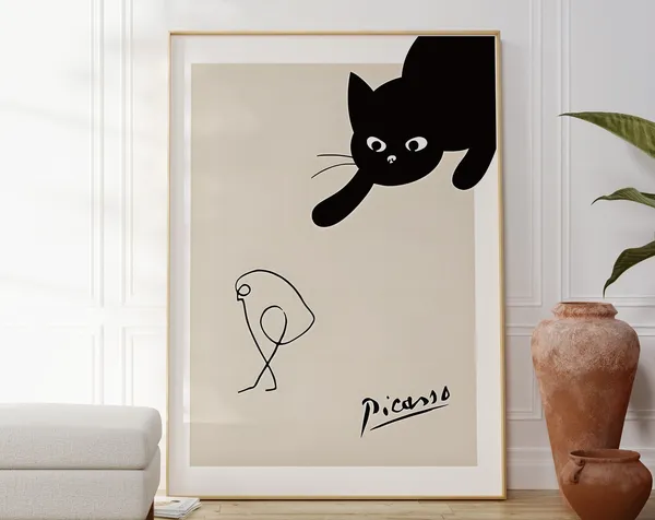 Picasso-Inspired Cat Chasing Bird, Minimalist Print