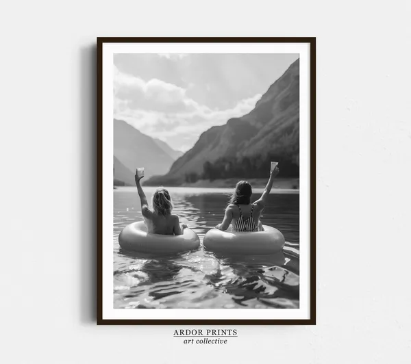 Women Drinking On Lake Retro Poster, Lake House Decor
