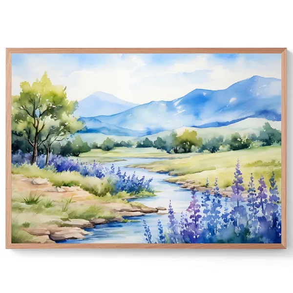 Texas Llano River Travel Poster, Watercolor Landscape