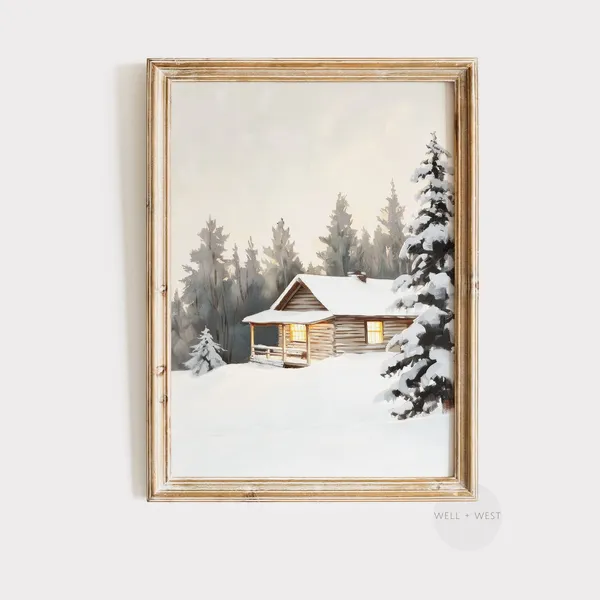 Winter Cottage Vintage Snowy Landscape Art Print