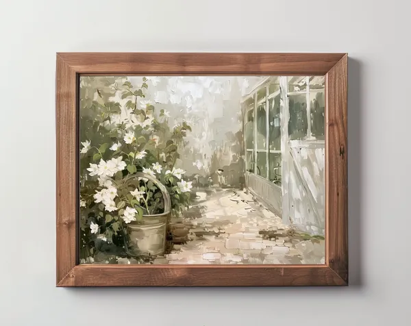 Flowers Greenhouse Countryside Art Print, Rustic Vintage