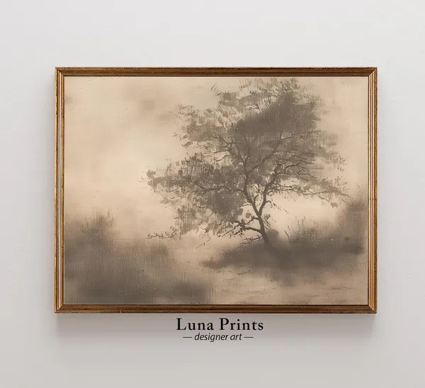 Muted Tree Landscape Art Print, Neutral Living Room