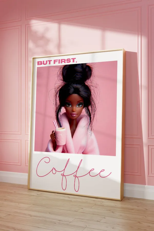 Pink Coffee Poster, Black Girl Doll Art Print