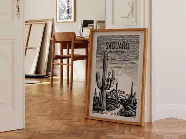 Woodcut Saguaro Retro Arizona Travel Poster