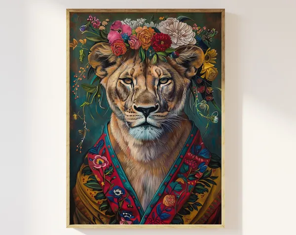 Maximalist Eclectic Lioness With Flowers Art Print